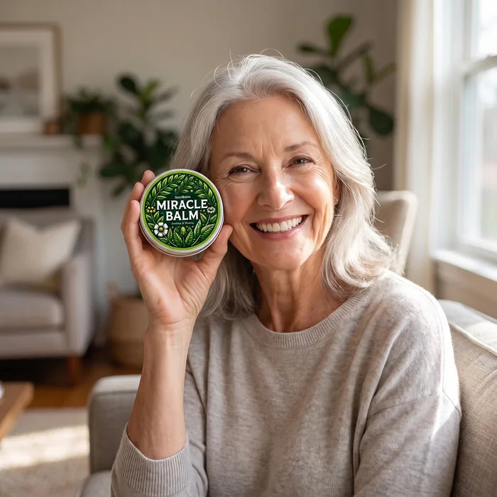 A smiling woman holding a tin of SoniBalm Miracle Balm