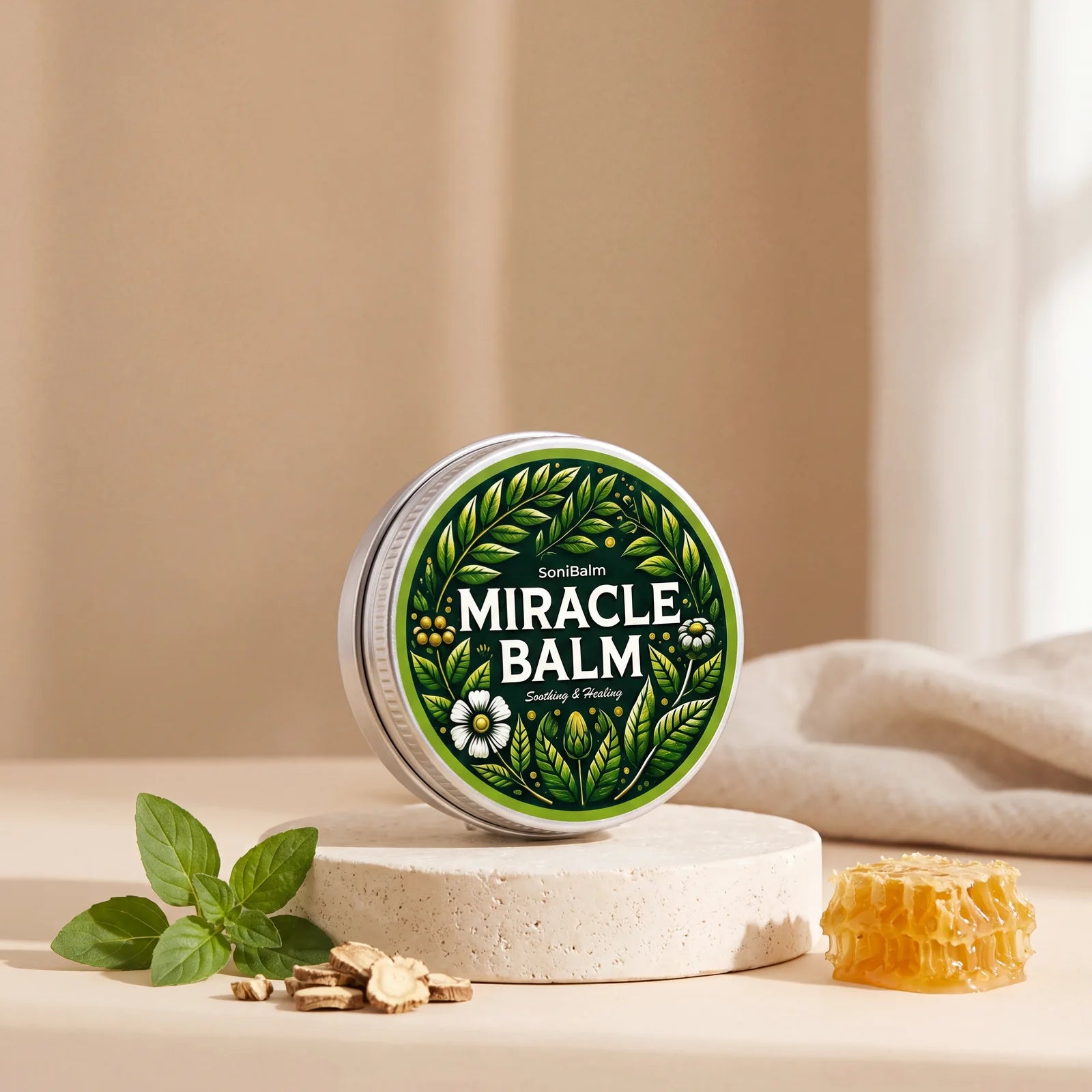 SoniBalm Miracle Balm tin on a stone pedestal with fresh herbs and honeycomb